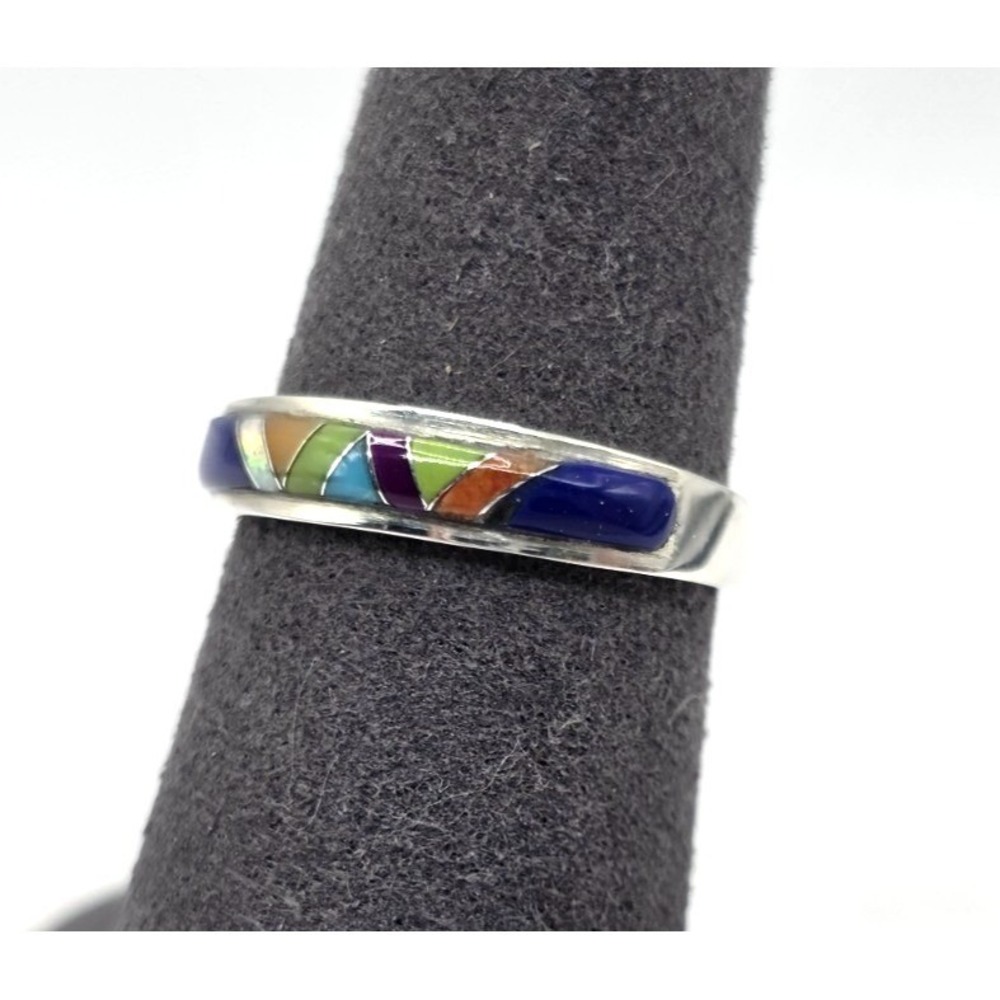 Multi-Gemstone Sterling Silver Inlays Ring Band Size 8 Signed SM Dainty Unisex